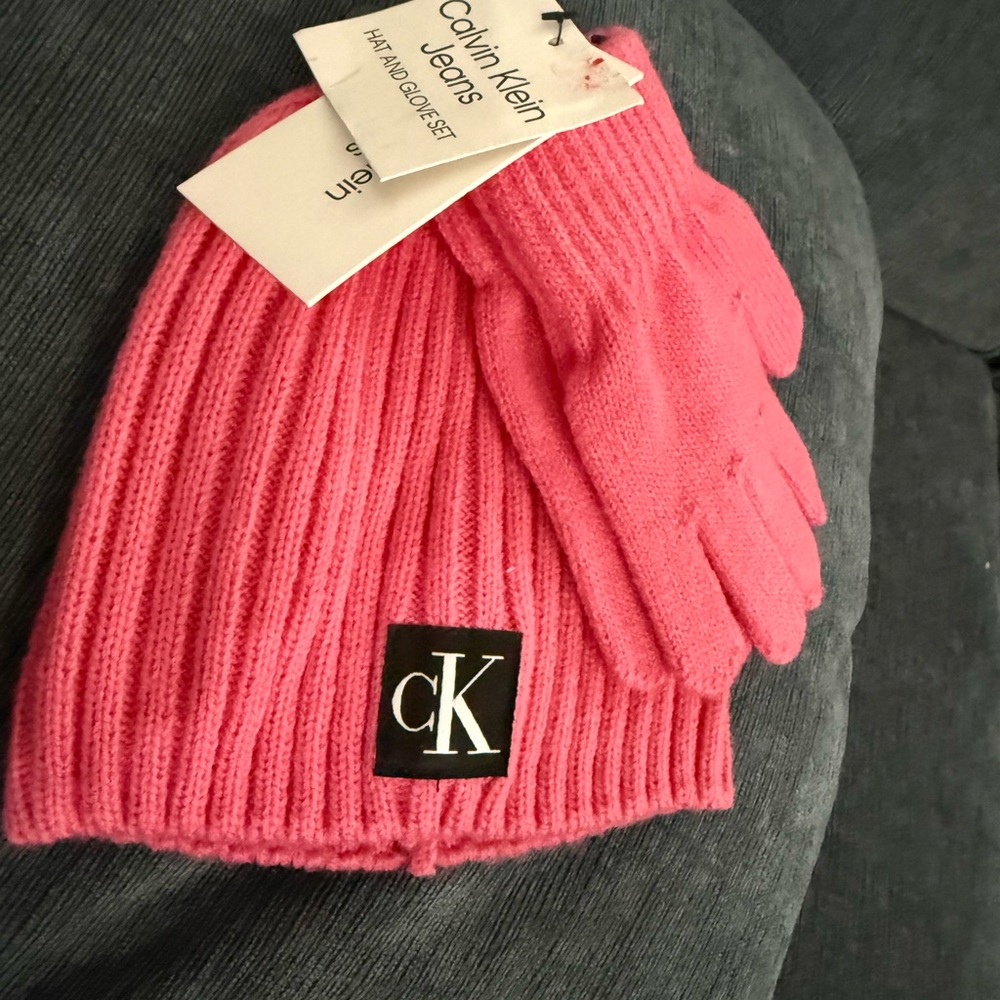Calvin Klein Kids Pink Ribbed Hat and Gloves